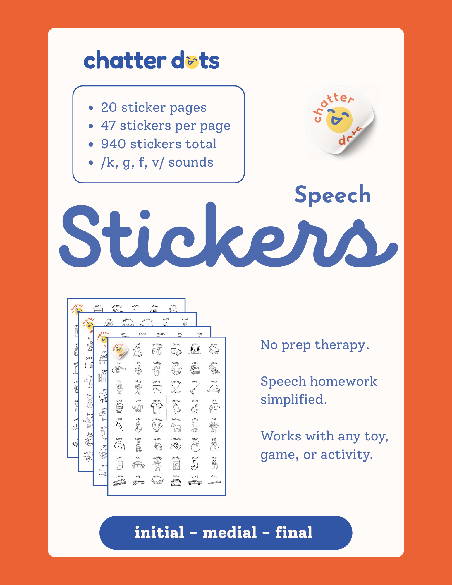 Speech Therapy Articulation Sticker Pack - K, G, F, V Sounds - No Prep SLP Materials