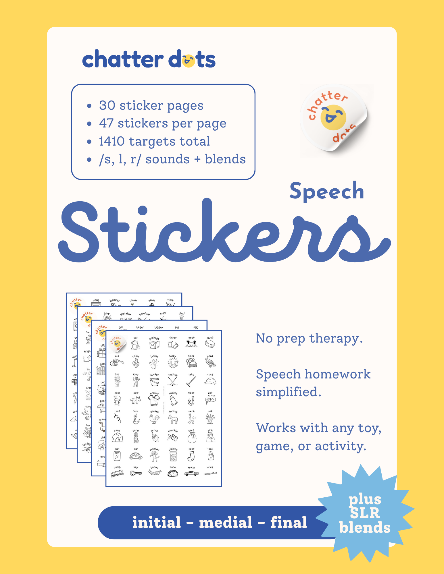 Speech Therapy Articulation Sticker Pack - S, L, R & Blends - No Prep SLP Materials